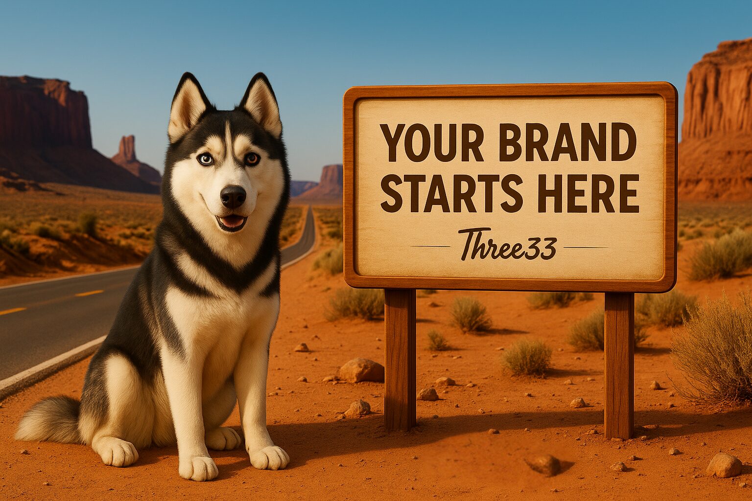A illustration of a husky in a desert scene next to a sign