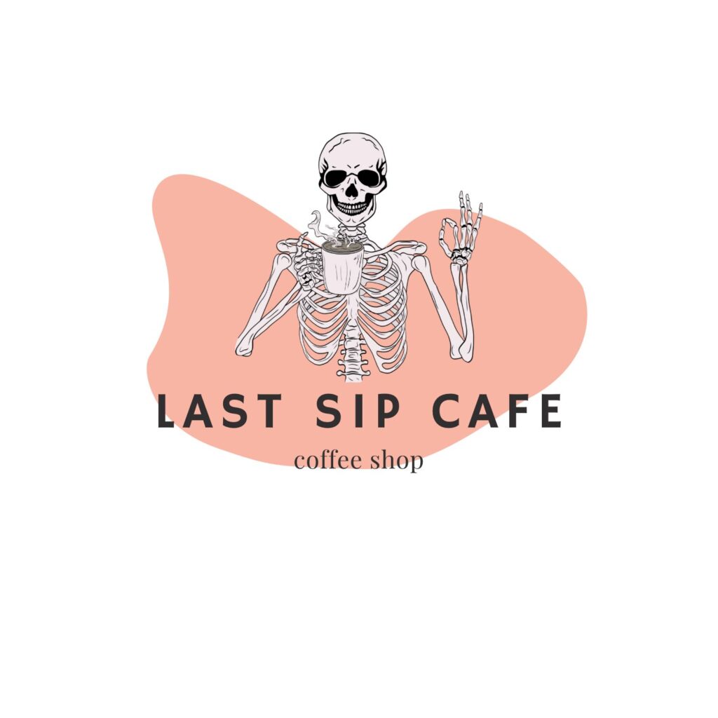 A logo of a skeleton drinking coffee