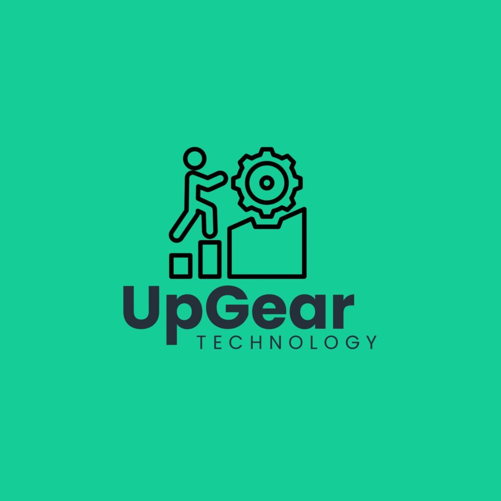 A logo of a gear and a stick figure pushing it 