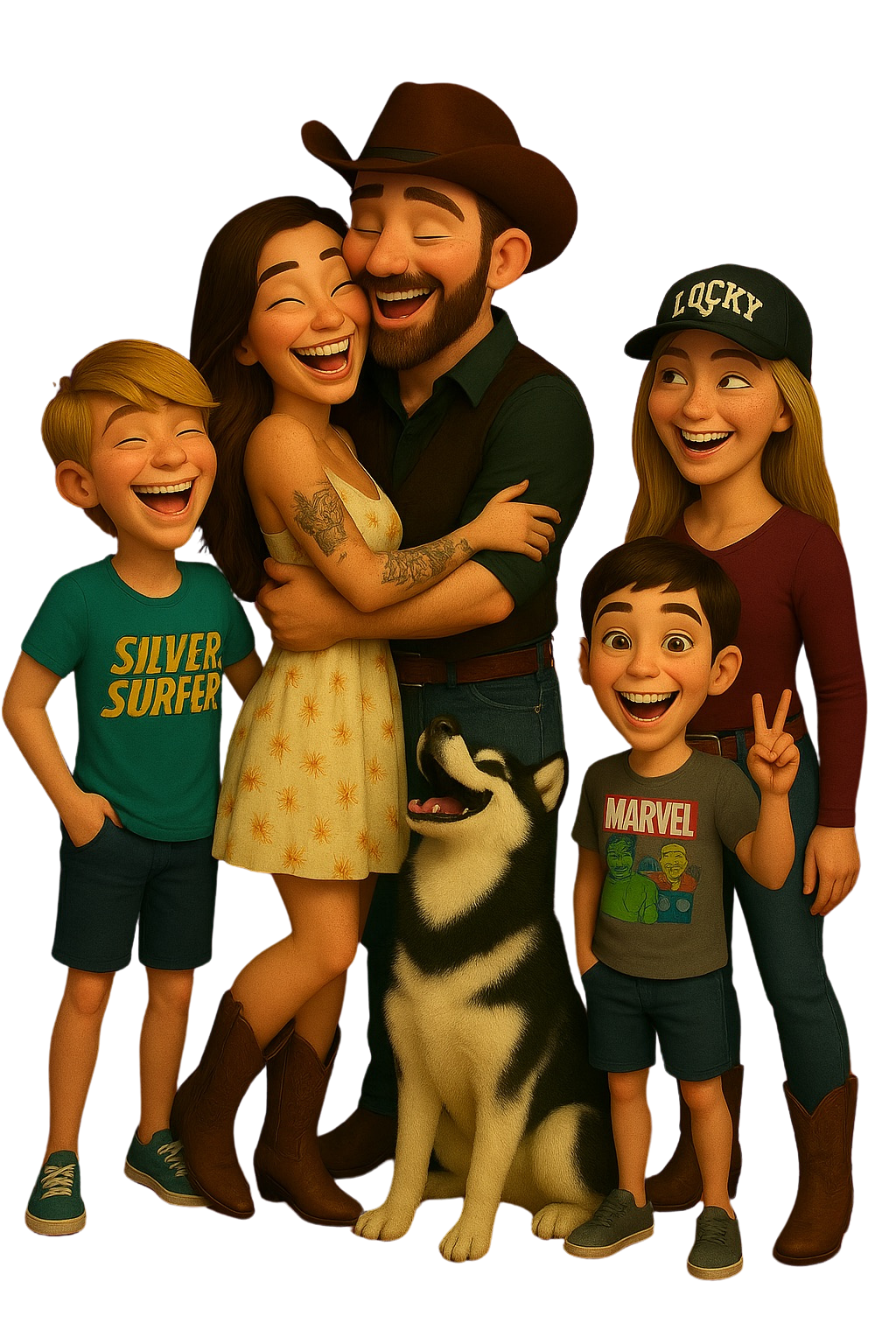An illustration of a family with three kids and a husky